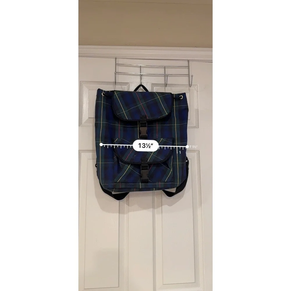 Vintage Plaid Backpack Navy Green Tartan School Bag Buckle Closure Large